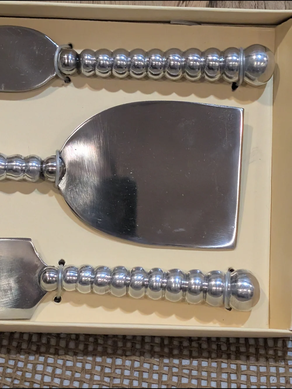 Pier 1 Silver Beaded Handle Cheese Knife Set, New in Box